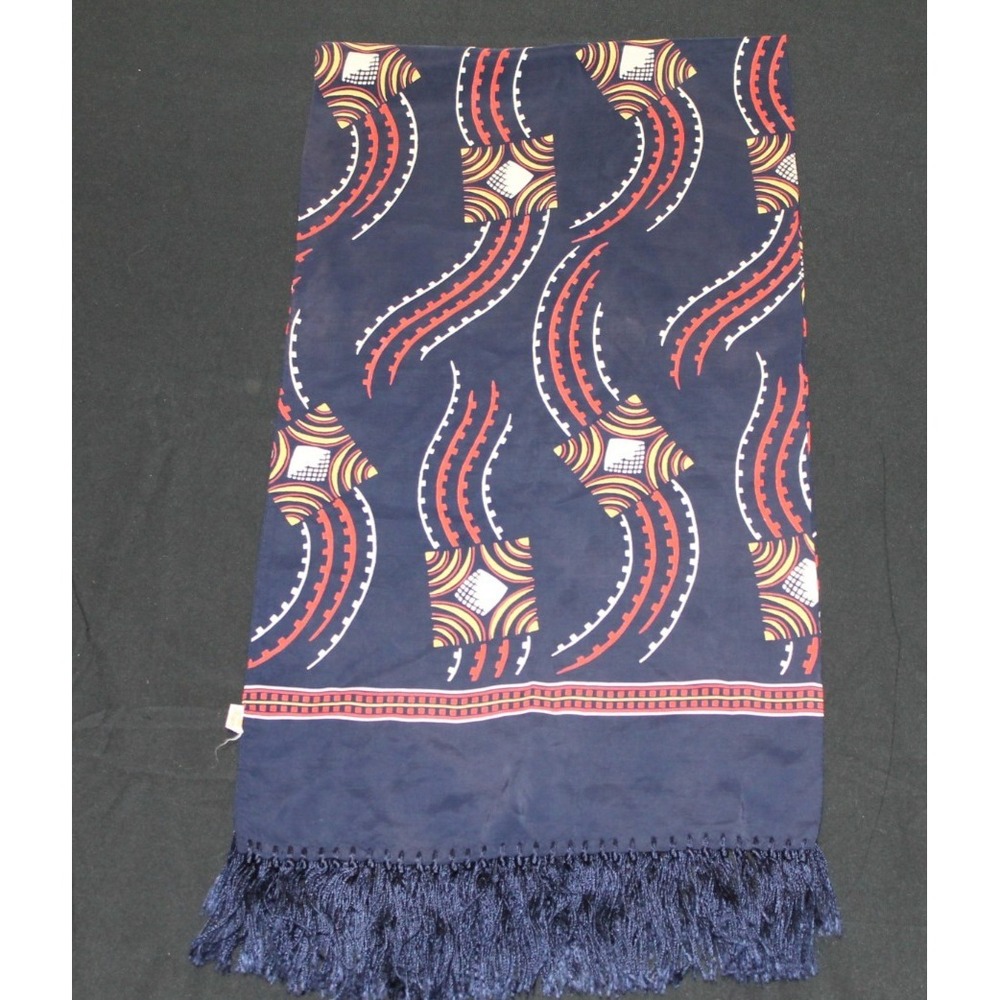 Vintage Rayon Fringe Scarf Navy Blue Red Geometric Abstract Pattern 12x48